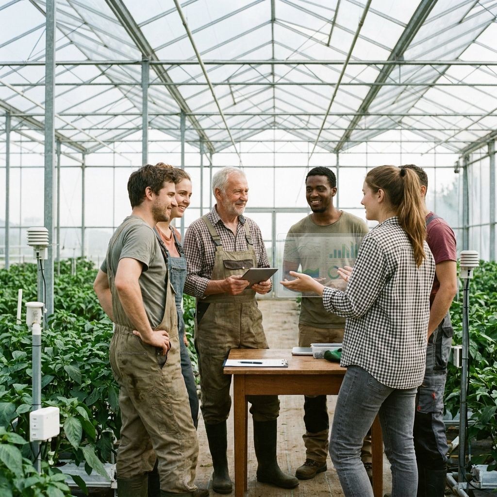Capture a group of farmers and technology experts working together in a modern greenhouse, discussing innovative solutions for crop management.
